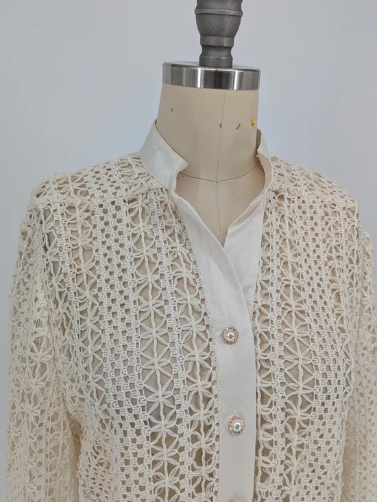 00626 Women's Crochet Pearl Button Front Top Cream size Small western bohemian - Picture 3 of 8